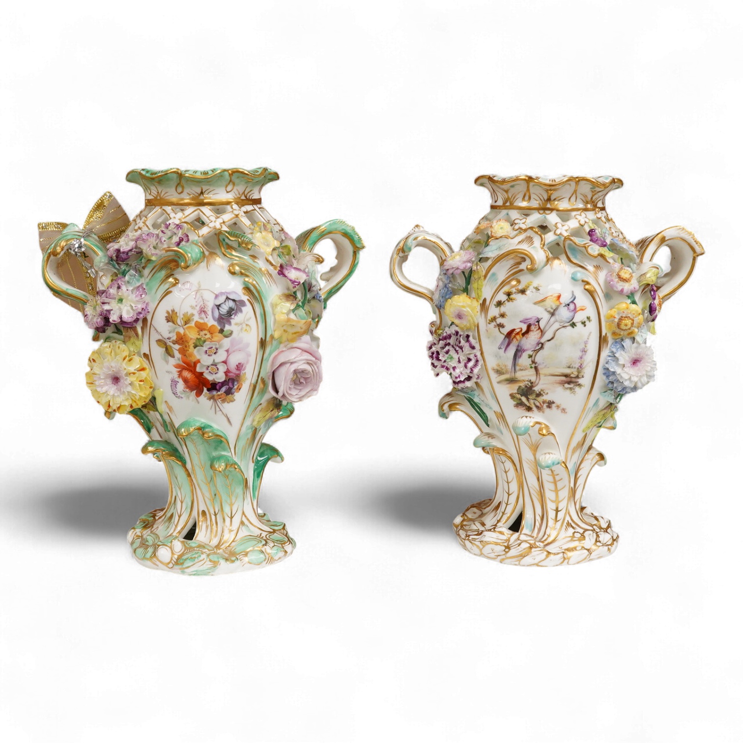 A near pair of English porcelain flower encrusted vases, c.1830, possibly Coalbrookdale, 21cm high